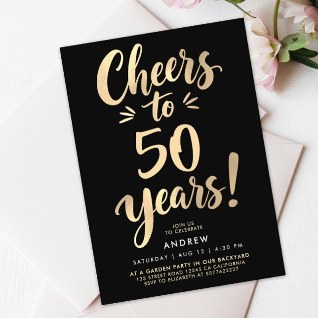 Elegant Black Cheers To Fifty Years Gold Script  Invitation (Creator Uploaded)
