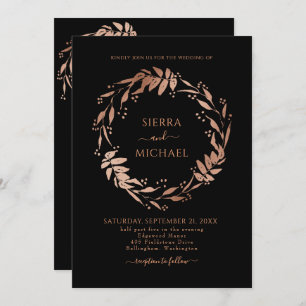 Elegant Black Chic Rose Gold Wreath Wedding Invitation