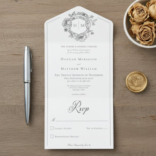 Elegant Black Chinoiserie Bird Crest Wedding All In One Invitation