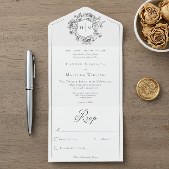 Elegant Black Chinoiserie Bird Crest Wedding All In One Invitation (Creator Uploaded)