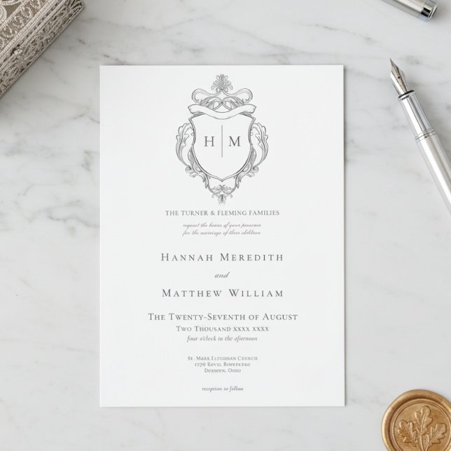 Elegant Black Chinoiserie Bird & Crest Wedding Invitation (Creator Uploaded)