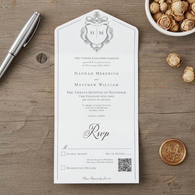 Elegant Black Chinoiserie Bird Crest Wedding QR All In One Invitation (Creator Uploaded)