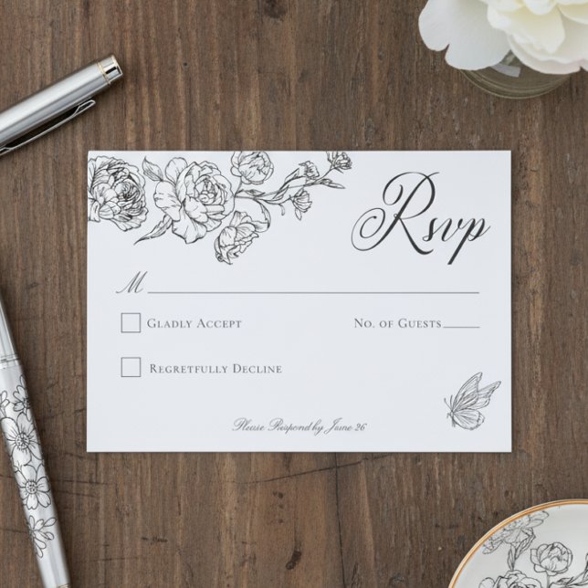 Elegant Black Chinoiserie Bird & Crest Wedding RSVP Card (Creator Uploaded)