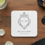 Elegant Black Chinoiserie Bird Crest Wedding Square Paper Coaster<br><div class="desc">Elevate your special day with our elegant, vintage Baroque-style wedding coaster, a masterpiece of timeless elegance. Featuring a delicate French black chinoiserie crest with delicate line art on a pristine white background, this design exudes classic charm and sophistication. Its simplicity highlights its refined details, creating a design as graceful as...</div>