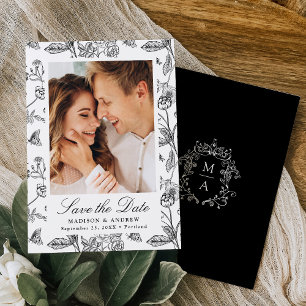 Elegant Black Chinoiserie Floral Photo Wedding Save The Date
