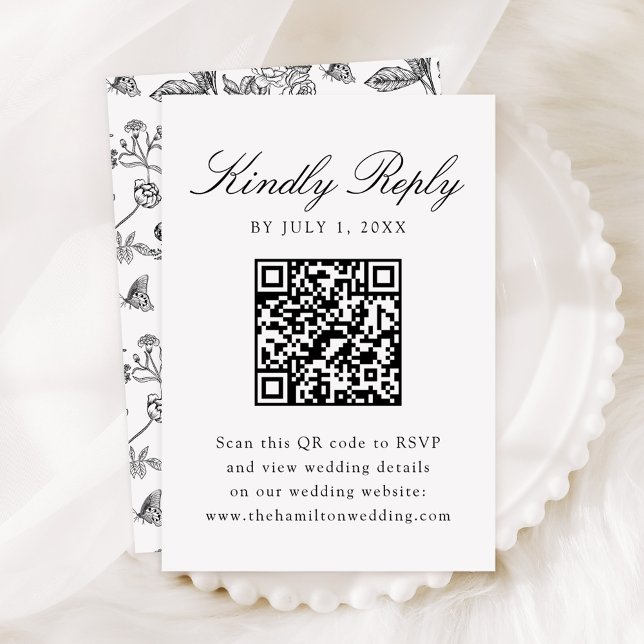 Elegant Black Chinoiserie Floral Wedding QR Code RSVP Card (Creator Uploaded)