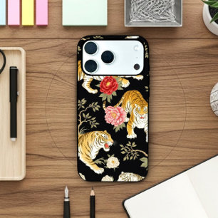 Elegant Black Chinoiserie Tiger and Peony Pattern