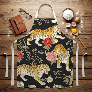 Elegant Black Chinoiserie Tiger and Peony Pattern Apron