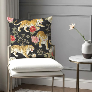 Elegant Black Chinoiserie Tiger and Peony Pattern Cushion