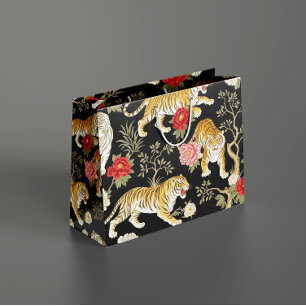 Elegant Black Chinoiserie Tiger and Peony Pattern Large Gift Bag