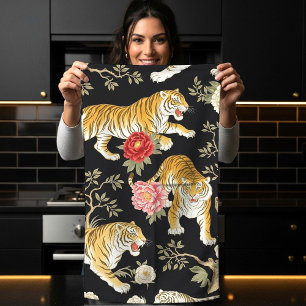 Elegant Black Chinoiserie Tiger and Peony Pattern Tea Towel