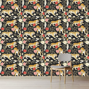 Elegant Black Chinoiserie Tiger and Peony Pattern Wallpaper