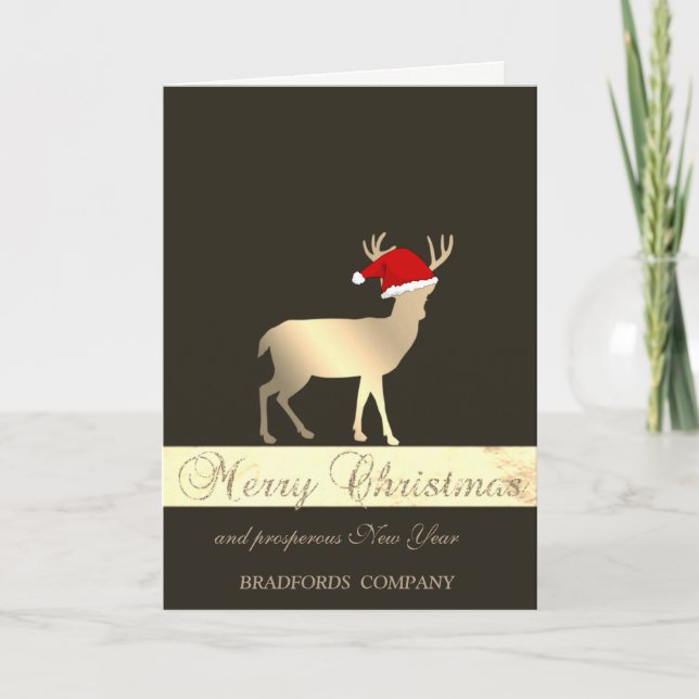 Elegant Black, Christmas Deer Santa Hat,Company Holiday Card (Front)