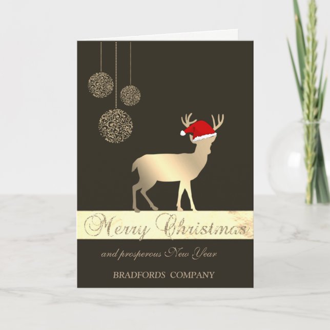 Elegant Black, Christmas Deer ,Santa Hat,Company Holiday Card (Front)