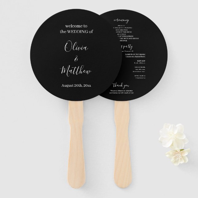 Elegant Black Classic Minimalist Wedding Program Hand Fan (Front and Back)