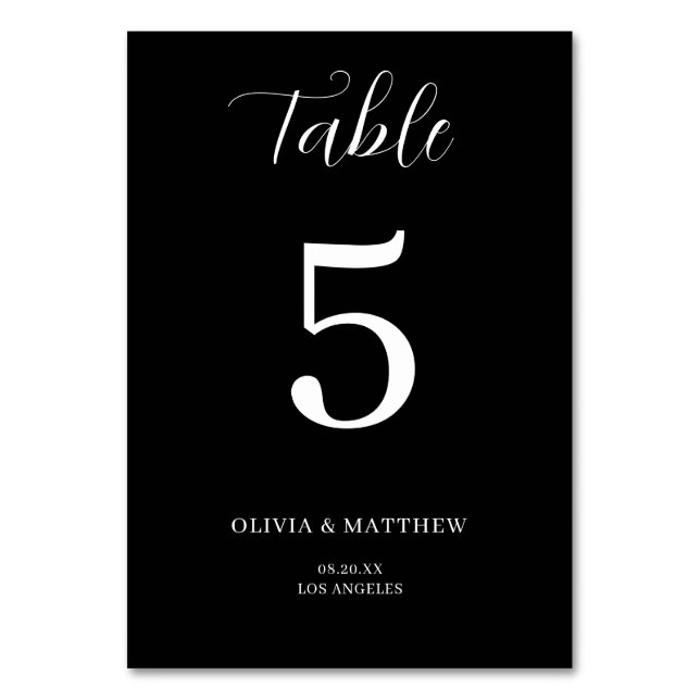 Elegant Black Classic Minimalist Wedding Table Number (Front)