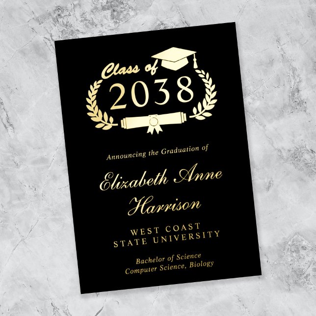 Elegant Black College Graduation Foil Announcement (An elegant photo collage graduation announcement to celebrate the graduate's achievements)