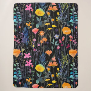 Elegant black colorful wildflowers watercolor sherpa blanket