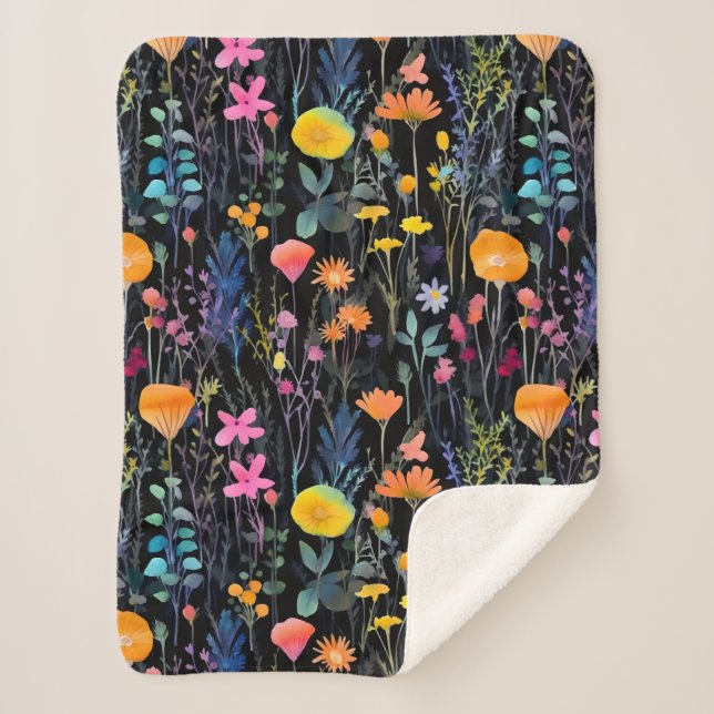 Elegant black colorful wildflowers watercolor sherpa blanket (Front)