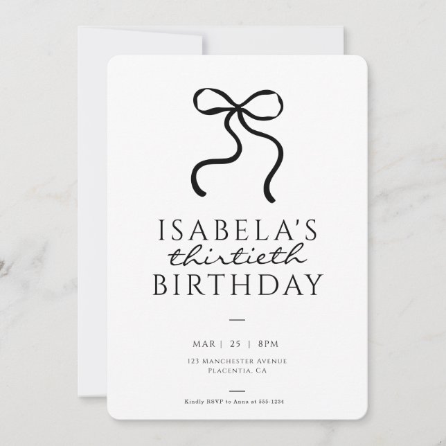 Elegant Black Coquette Bow Birthday Party Invitation (Front)