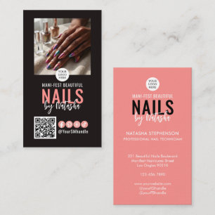 Elegant Black Coral Logo QR Code Photo MANICURIST Business Card