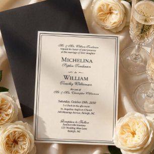 Elegant Black Cream Classic Script Formal Wedding Invitation