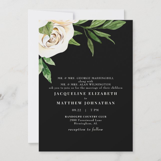 Elegant Black Cream Peonies Wedding  Invitation (Front)
