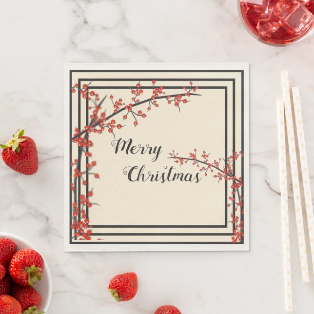 Elegant Black & Cream with Red Berries Christmas  Napkin (Insitu)