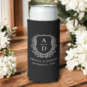 Elegant Black Crest Modern Monogram Wedding  Seltzer Can Cooler