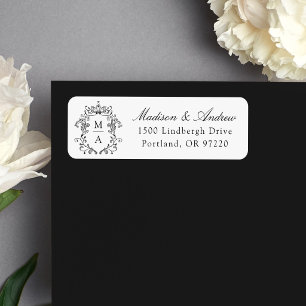 Elegant Black Crest Monogram Wedding Address