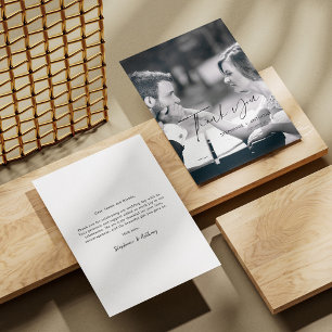 Elegant Black Cursive Photo Wedding Thank You Card