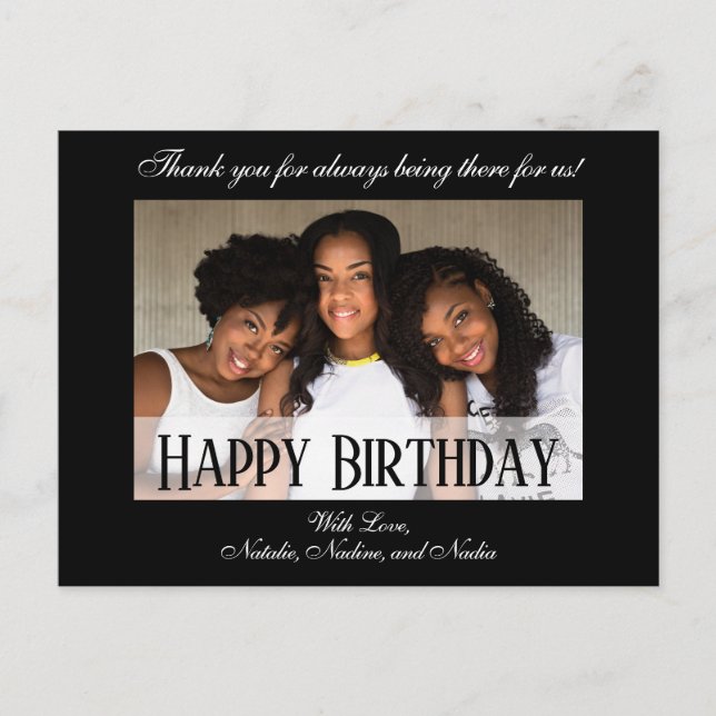 Elegant Black Custom Happy Birthday Photo Postcard (Front)