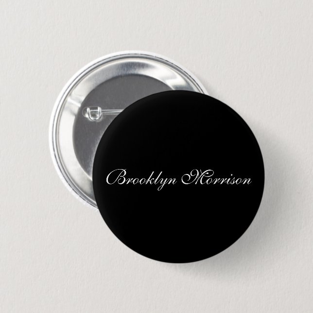 Elegant black custom script monogram name text 6 cm round badge (Front & Back)