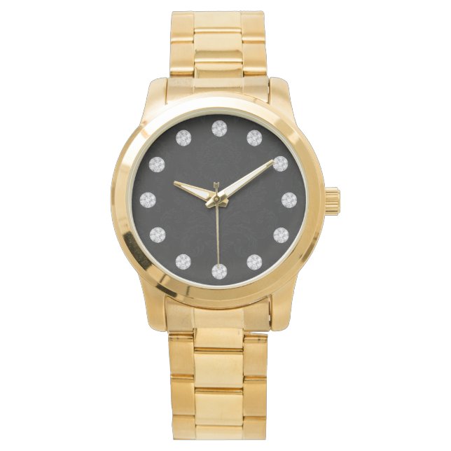 Elegant Black Damask And Diamond Watch (Front)