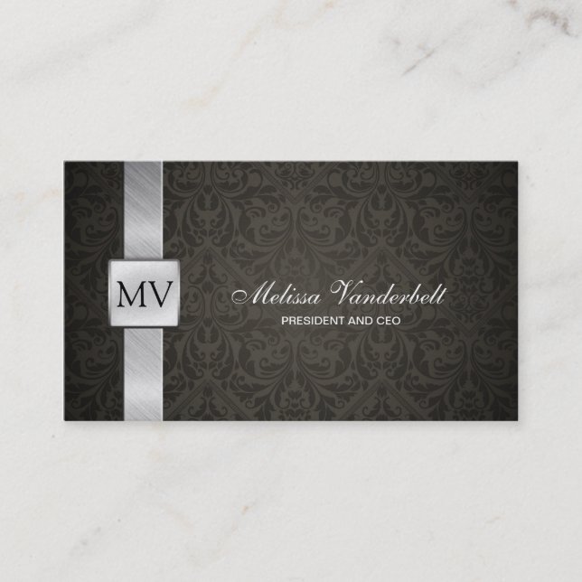 Elegant Black Damask and Silver Business Cards (Front)