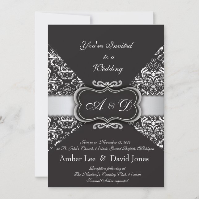 Elegant Black Damask andSilver wedding invitation (Front)