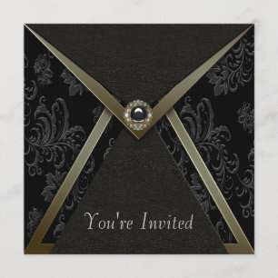 Elegant Black Damask Black and Gold Party Invitation