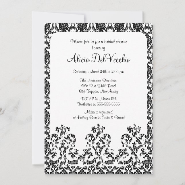 Elegant Black Damask Bridal Shower Invitation (Front)
