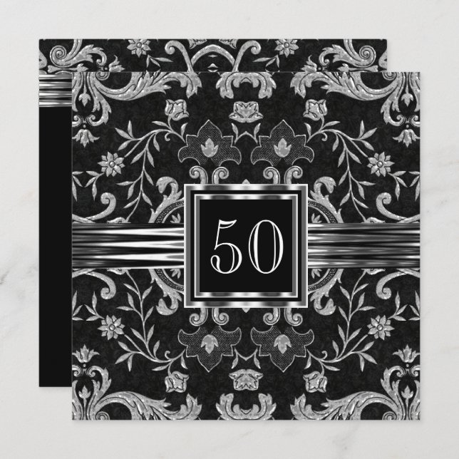 Elegant Black Damask Brocade Silver Birthday Party Invitation (Front/Back)
