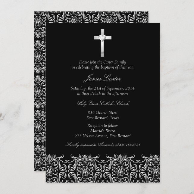 Elegant Black Damask & Cross Baptism/Christening Invitation (Front/Back)