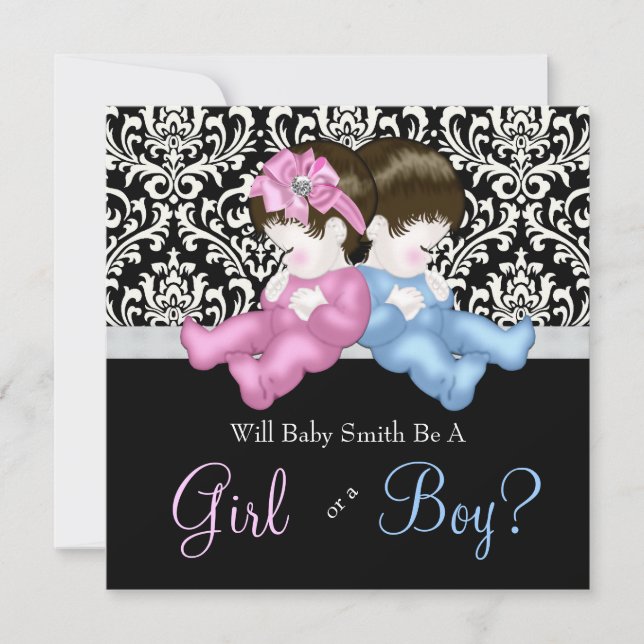 Elegant Black Damask Gender Reveal Shower Invitation (Front)