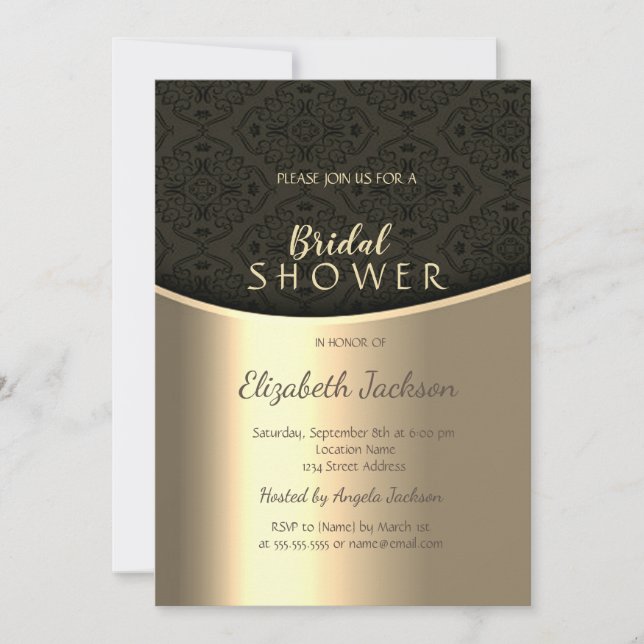 Elegant Black Damask Gold Bridal Shower Invitation (Front)