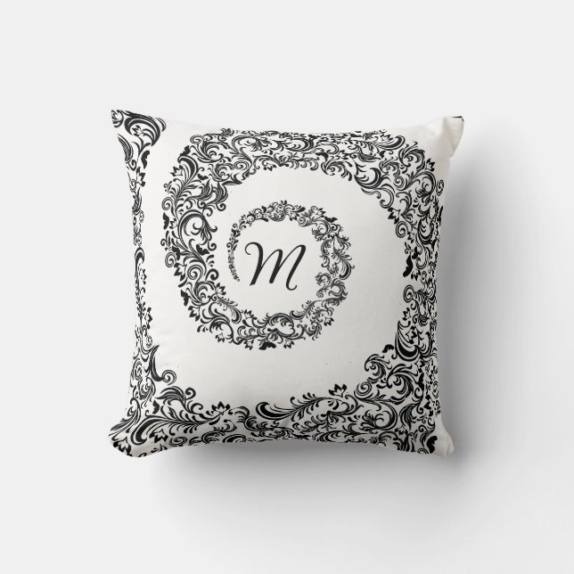 Elegant Black Damask Monogram Cushion (Front)