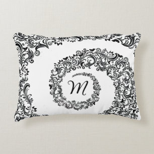 Elegant Black Damask Monogram Decorative Cushion