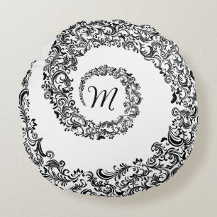 Elegant Black Damask Monogram Round Cushion