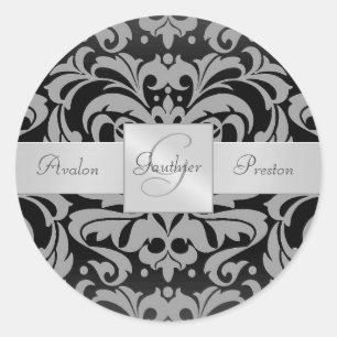Elegant Black Damask Monogram Wedding Sticker