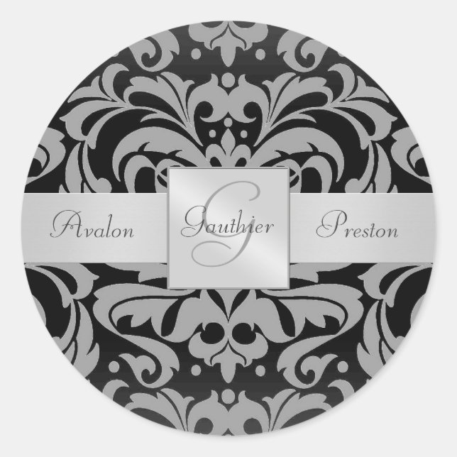 Elegant Black Damask Monogram Wedding Sticker (Front)