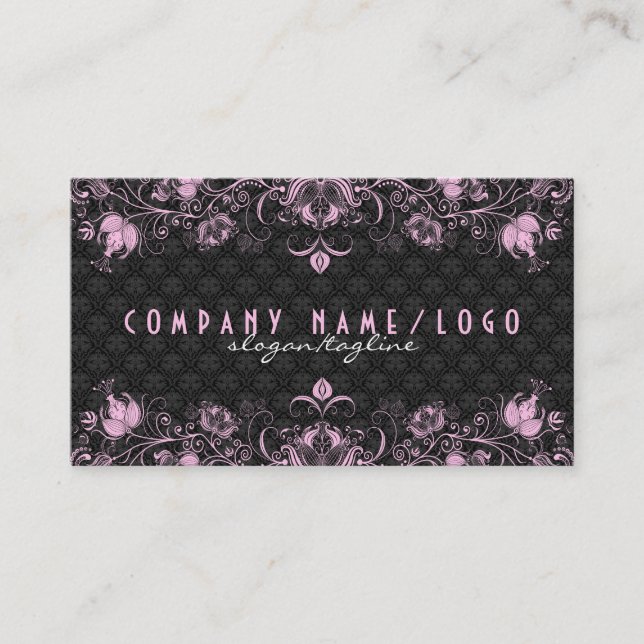 Elegant Black Damask & Pastel Pink Floral Swirls 2 Business Card (Front)