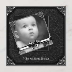Elegant Black Damask Photo Birth Announcement