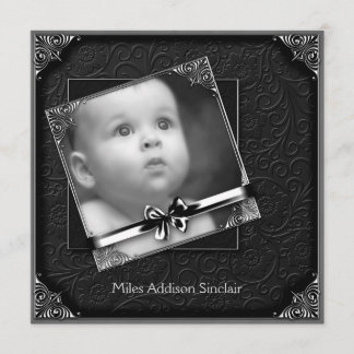 Elegant Black Damask Photo Birth Announcement